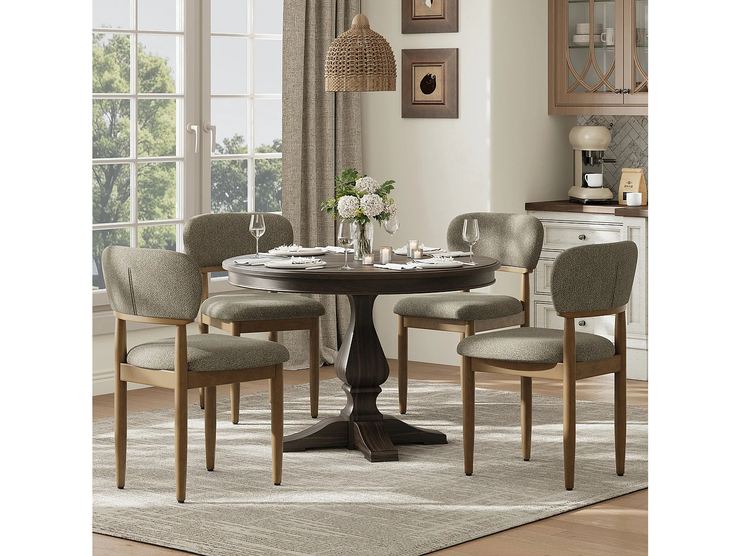 Set van 2 Gestoffeerde Eetkamerstoelen, Ademend Getextureerd Textiel, Massief Houten Frame, Camel