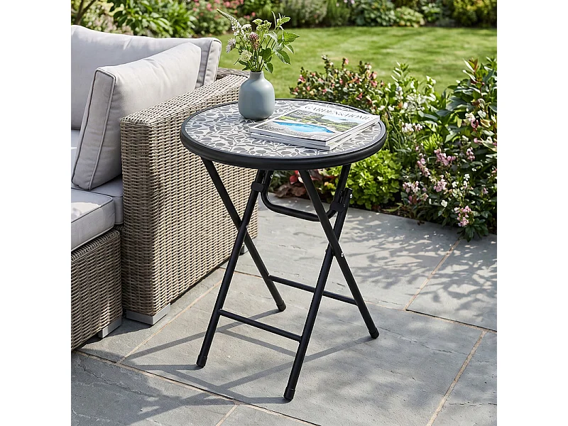 Table d'appoint d'extérieur pliante, plateau en verre trempé à motif floral