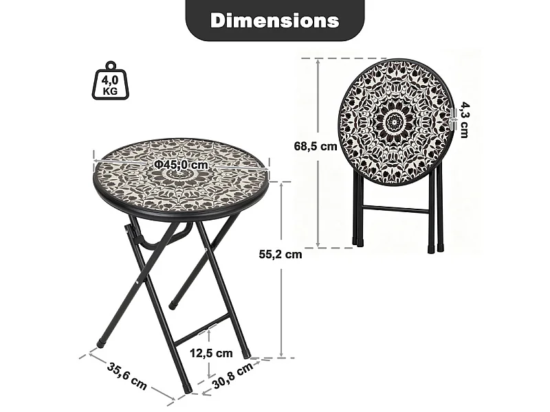 Table d'appoint d'extérieur pliante, plateau en verre trempé à motif floral
