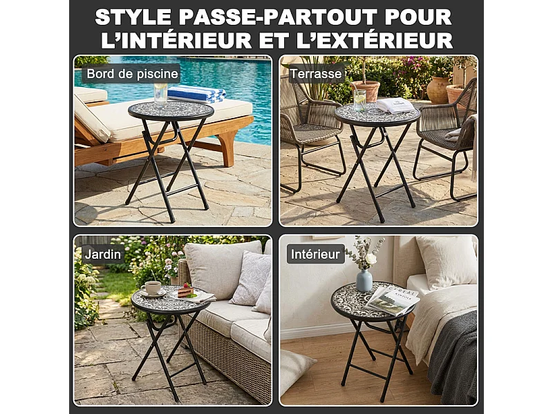 Table d'appoint d'extérieur pliante, plateau en verre trempé à motif floral