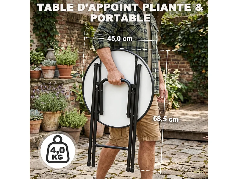 Table d'appoint d'extérieur pliante, plateau en verre trempé à motif floral