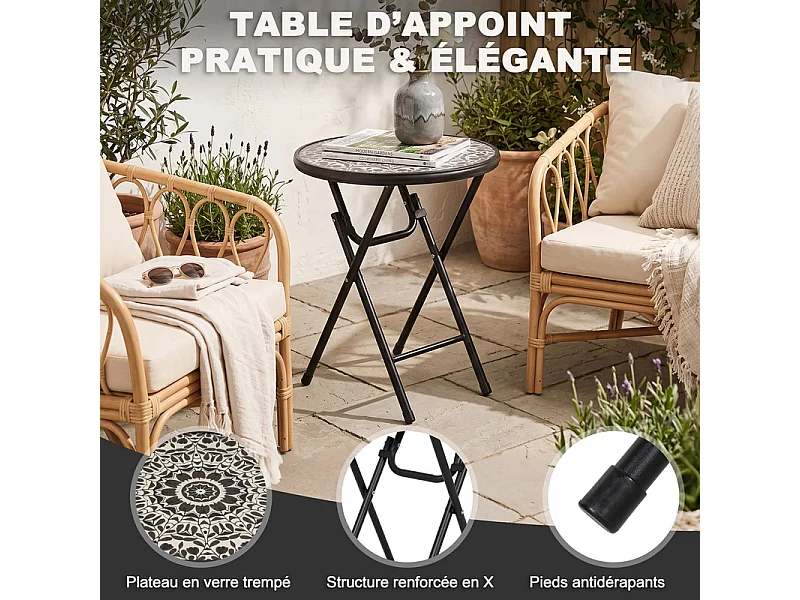 Table d'appoint d'extérieur pliante, plateau en verre trempé à motif floral