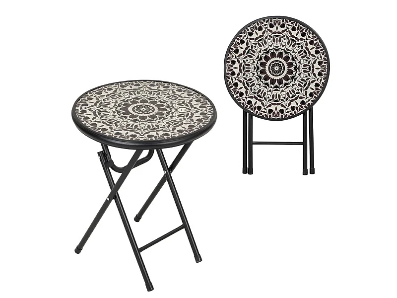 Table d'appoint d'extérieur pliante, plateau en verre trempé à motif floral