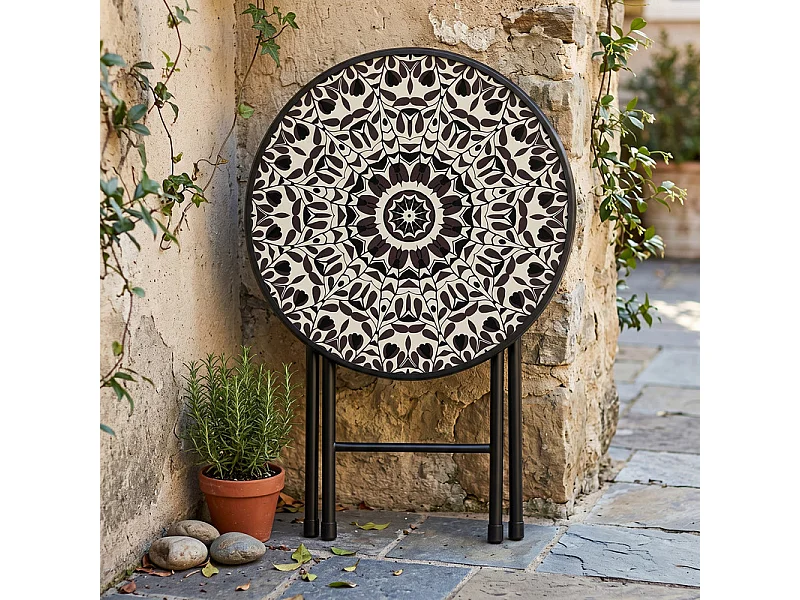 Table d'appoint d'extérieur pliante, plateau en verre trempé à motif floral