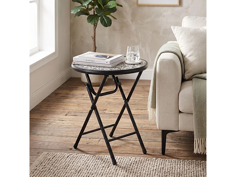 Table d'appoint d'extérieur pliante, plateau en verre trempé à motif floral