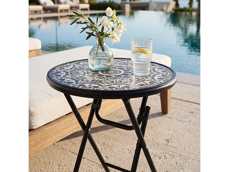 Table d'appoint d'extérieur pliante, plateau en verre trempé à motif floral