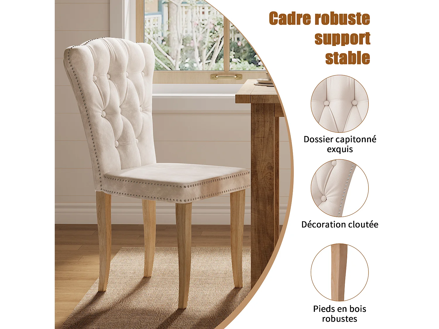 Eetkamerstoelen, set van 2 - Gevoerde zitkussens en houten poten - Fluweel - 47x50x99 cm - Beige