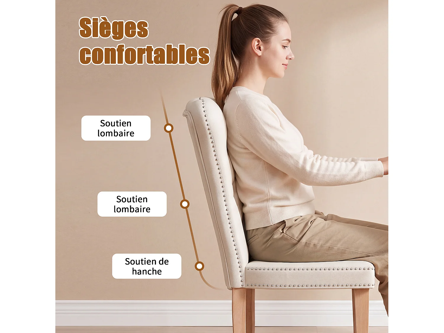 Eetkamerstoelen, set van 2 - Gevoerde zitkussens en houten poten - Fluweel - 47x50x99 cm - Beige