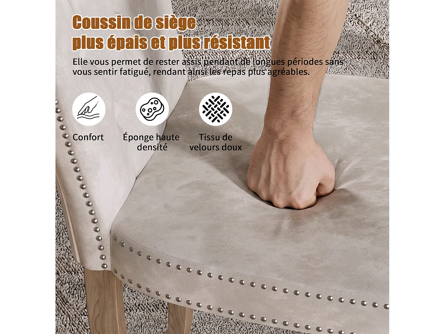 Eetkamerstoelen, set van 2 - Gevoerde zitkussens en houten poten - Fluweel - 47x50x99 cm - Beige