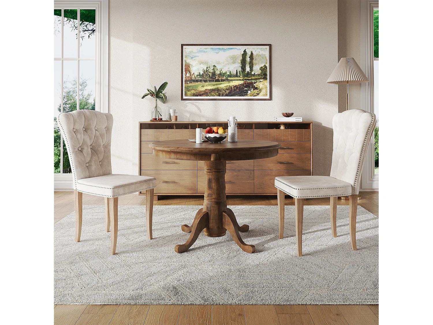 Eetkamerstoelen, set van 2 - Gevoerde zitkussens en houten poten - Fluweel - 47x50x99 cm - Beige