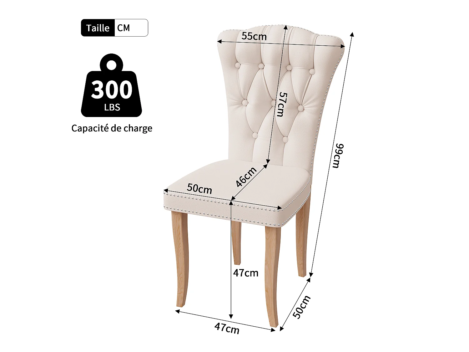 Eetkamerstoelen, set van 2 - Gevoerde zitkussens en houten poten - Fluweel - 47x50x99 cm - Beige