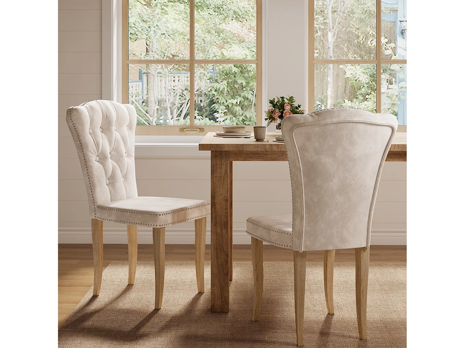 Eetkamerstoelen, set van 2 - Gevoerde zitkussens en houten poten - Fluweel - 47x50x99 cm - Beige