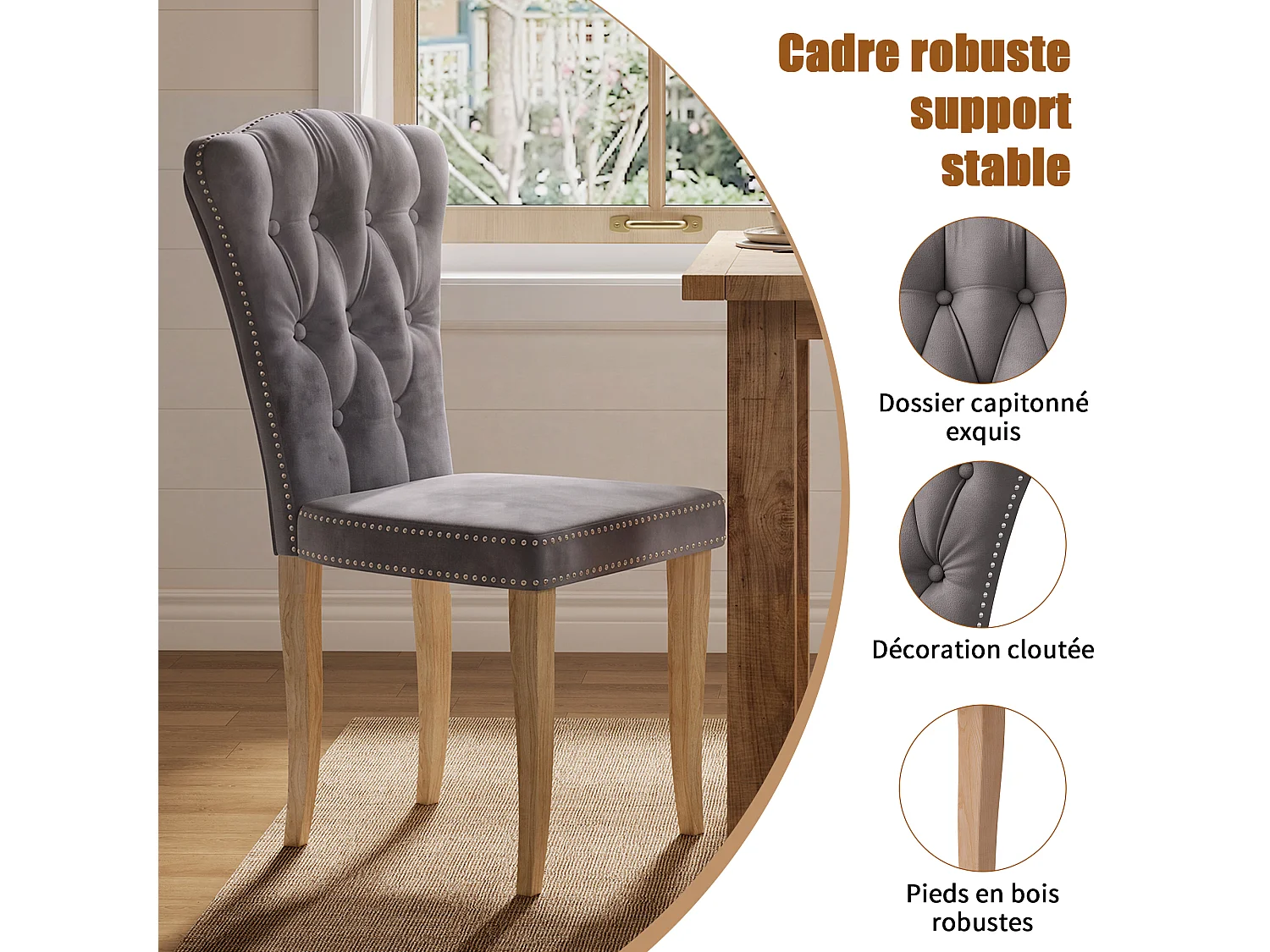 Eetkamerstoelenset van 2 - Gevoerde zitkussens en houten poten - Fluweelzachte eetkamerstoelen - 47x50x99cm - Grijs