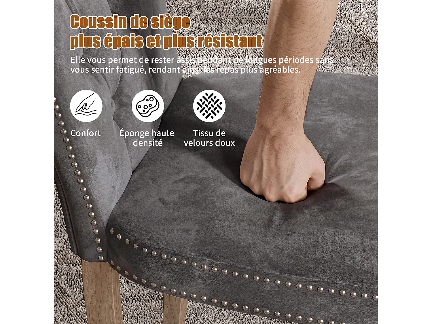 Eetkamerstoelenset van 2 - Gevoerde zitkussens en houten poten - Fluweelzachte eetkamerstoelen - 47x50x99cm - Grijs