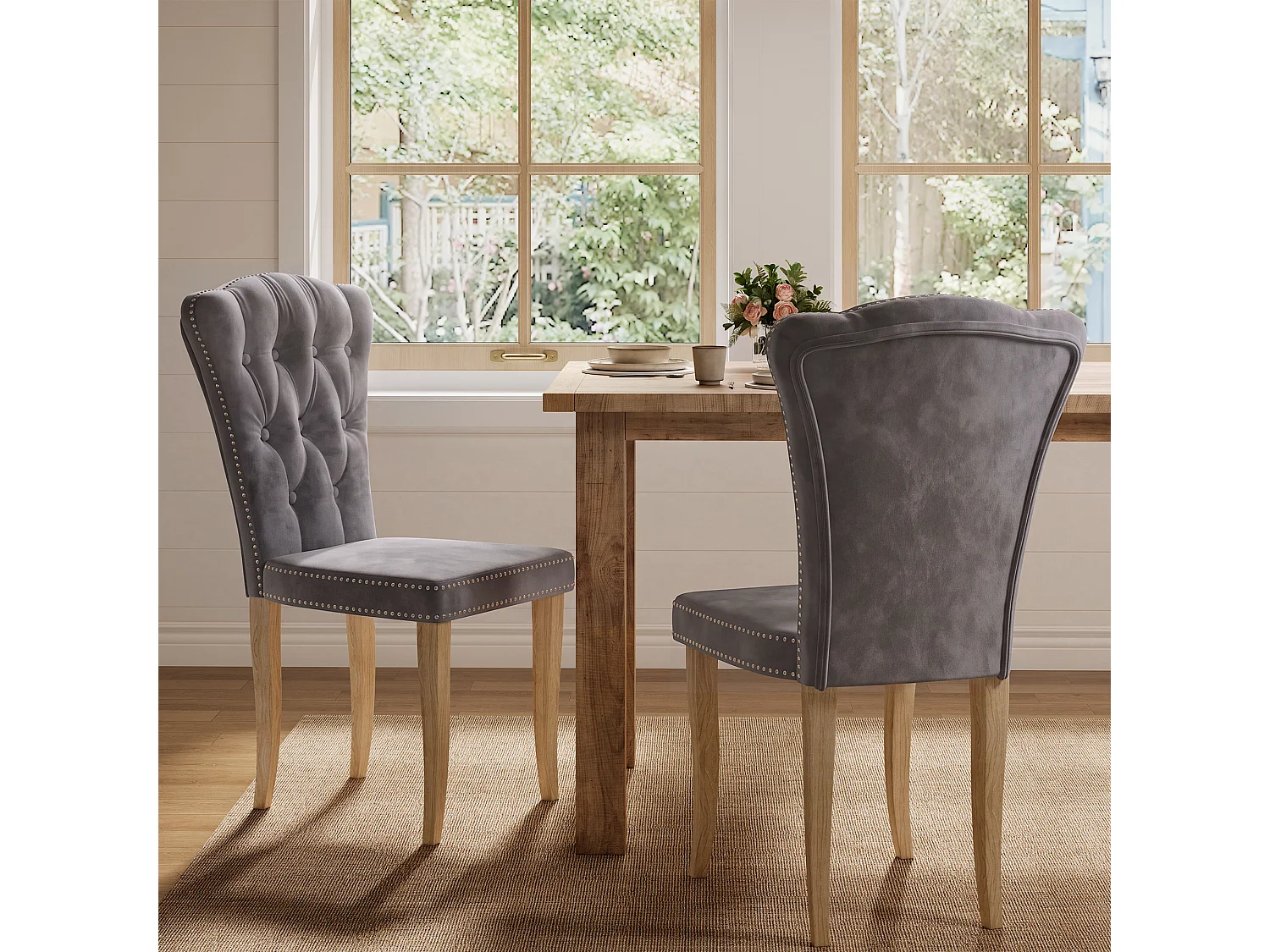 Eetkamerstoelenset van 2 - Gevoerde zitkussens en houten poten - Fluweelzachte eetkamerstoelen - 47x50x99cm - Grijs