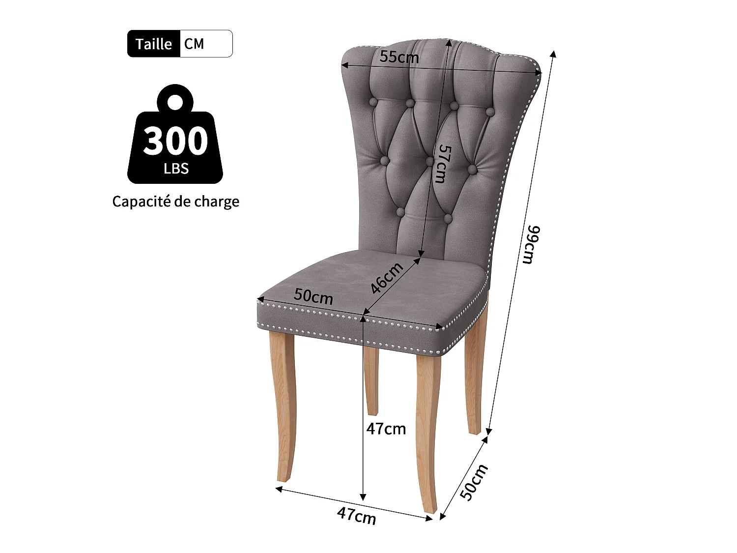 Eetkamerstoelenset van 2 - Gevoerde zitkussens en houten poten - Fluweelzachte eetkamerstoelen - 47x50x99cm - Grijs