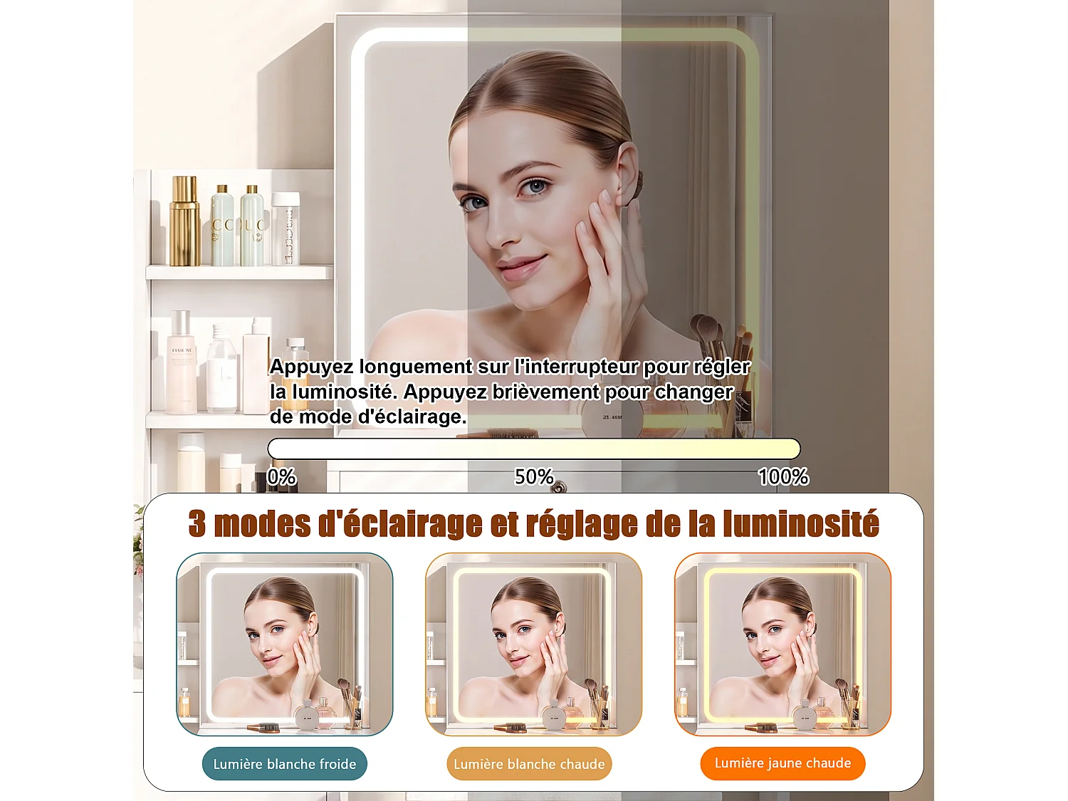 Tocador blanco con espejo LED y taburete con luz ajustable de 3 colores - 4 cajones y 4 estantes abiertos - 84,8 x 130 cm