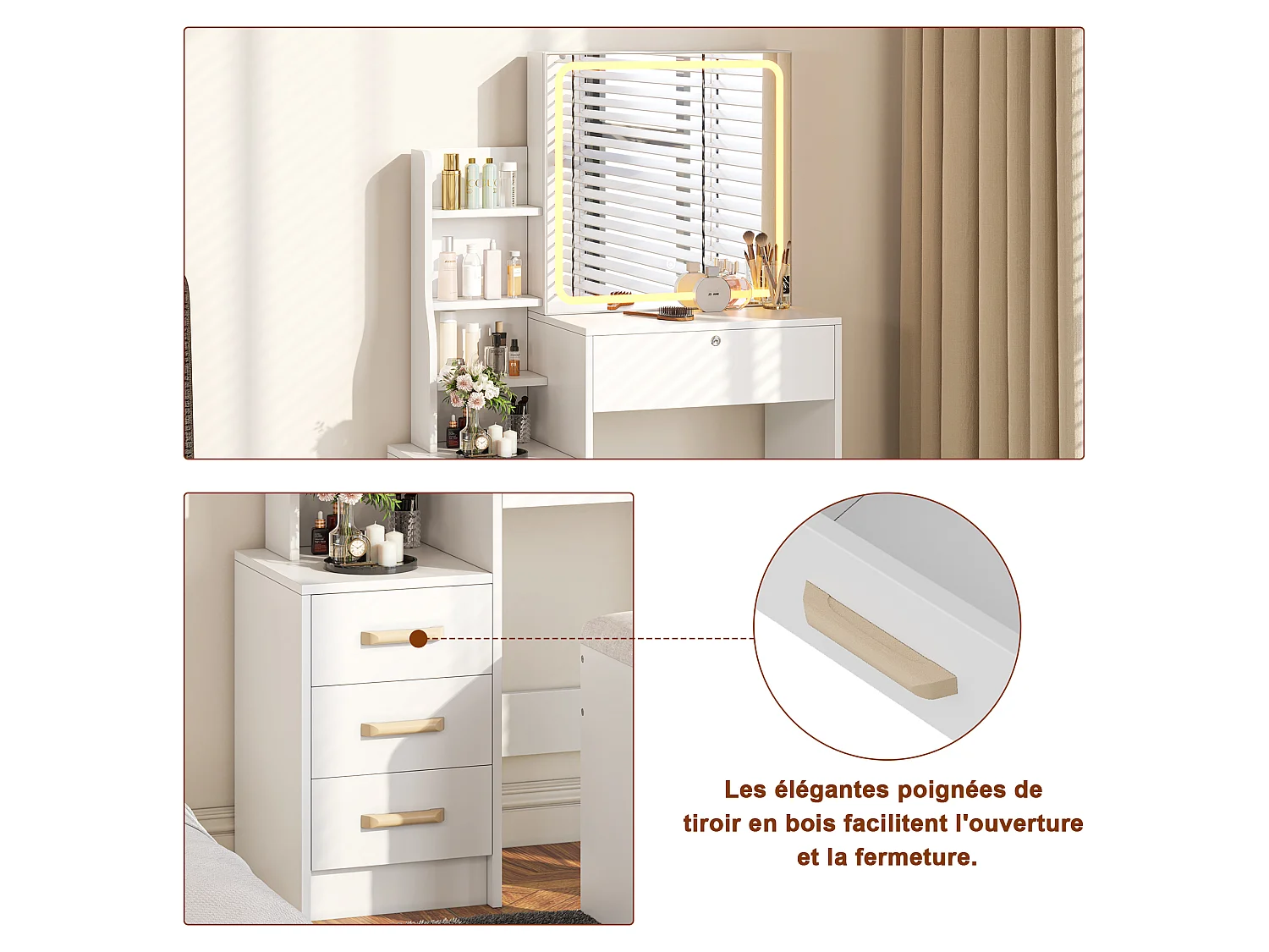 Tocador blanco con espejo LED y taburete con luz ajustable de 3 colores - 4 cajones y 4 estantes abiertos - 84,8 x 130 cm