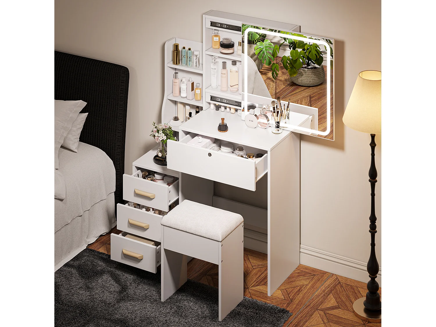 Tocador blanco con espejo LED y taburete con luz ajustable de 3 colores - 4 cajones y 4 estantes abiertos - 84,8 x 130 cm