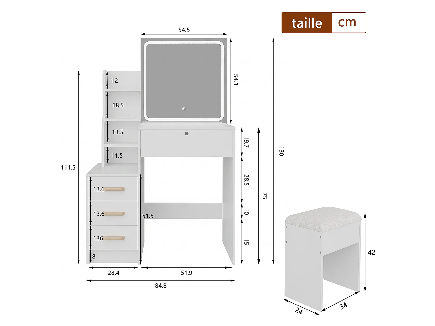 Tocador blanco con espejo LED y taburete con luz ajustable de 3 colores - 4 cajones y 4 estantes abiertos - 84,8 x 130 cm