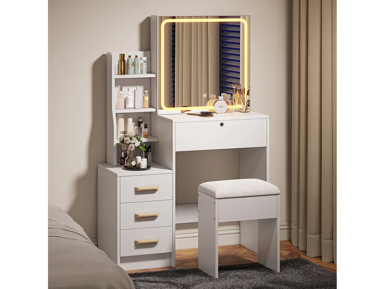 Tocador blanco con espejo LED y taburete con luz ajustable de 3 colores - 4 cajones y 4 estantes abiertos - 84,8 x 130 cm