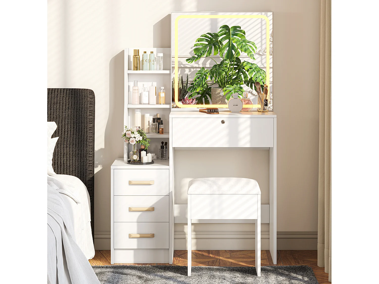 Tocador blanco con espejo LED y taburete con luz ajustable de 3 colores - 4 cajones y 4 estantes abiertos - 84,8 x 130 cm