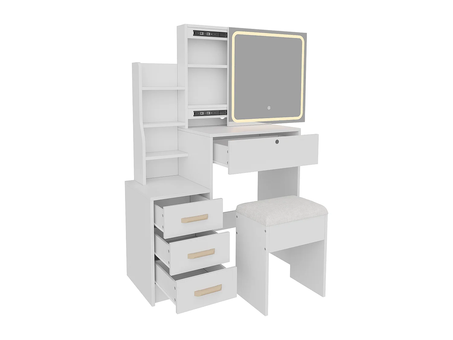 Tocador blanco con espejo LED y taburete con luz ajustable de 3 colores - 4 cajones y 4 estantes abiertos - 84,8 x 130 cm