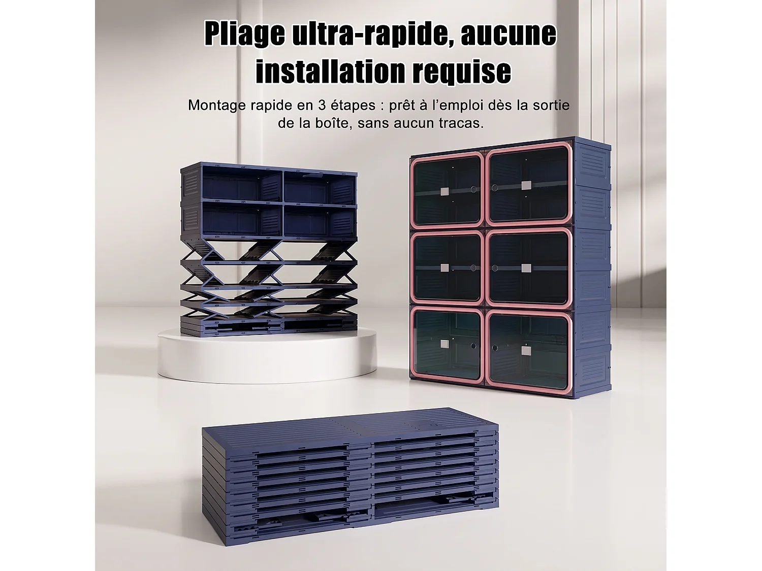 Meuble à Chaussures Pliable - Deux bâtiments de Six étages - Portes Transparentes Aimantées - Rangement 85x34x104cm - Bleu foncé
