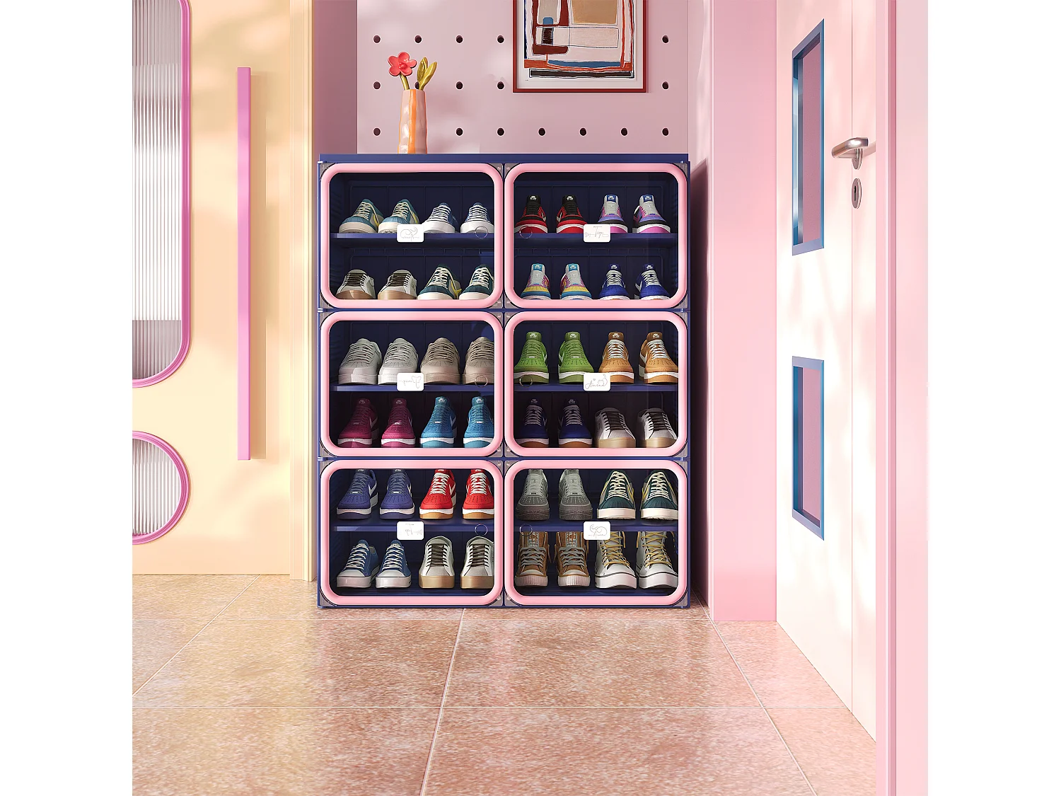 Meuble à Chaussures Pliable - Deux bâtiments de Six étages - Portes Transparentes Aimantées - Rangement 85x34x104cm - Bleu foncé