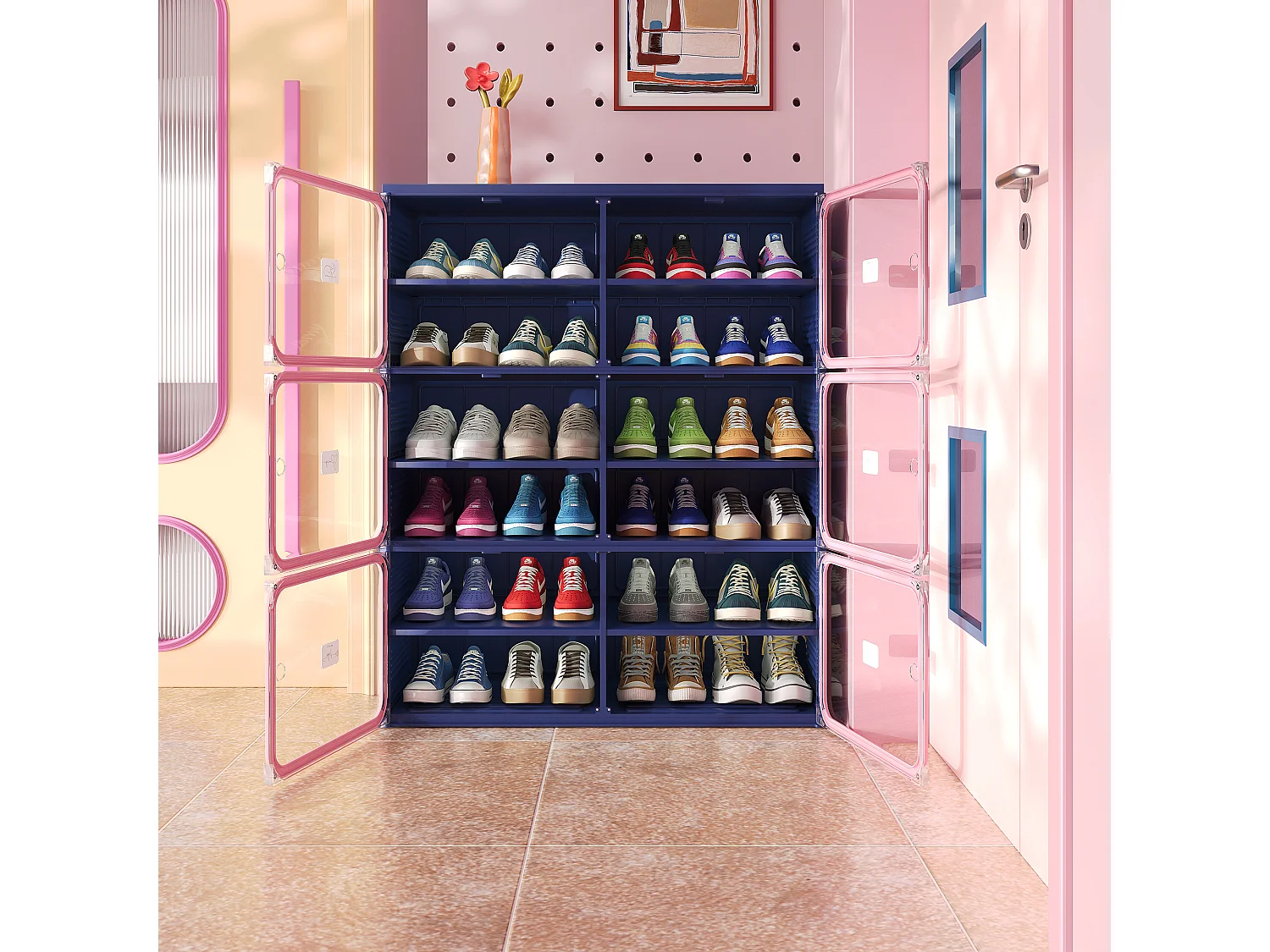 Meuble à Chaussures Pliable - Deux bâtiments de Six étages - Portes Transparentes Aimantées - Rangement 85x34x104cm - Bleu foncé
