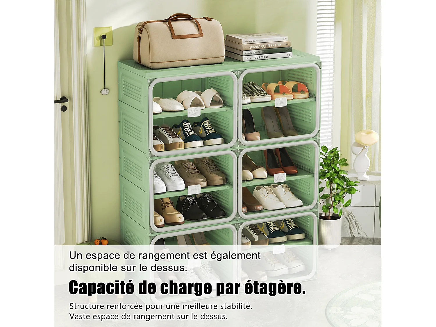 Meuble à Chaussures Pliable - Deux bâtiments de Six étages - Portes Transparentes Aimantées - Rangement 85x34x104cm - Vert