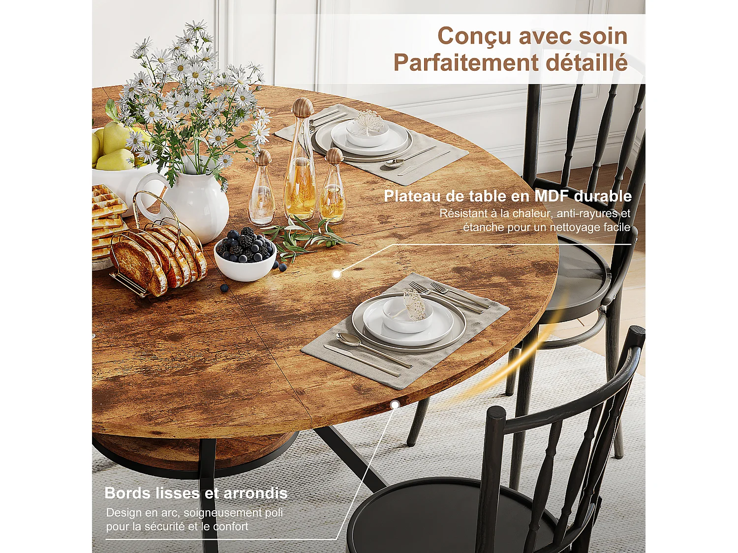 Table à Manger Ronde 120x79cm pour 4-6 Personnes - Table de cuisine Bois et Métal - Étagère de Rangement - Pieds Réglables