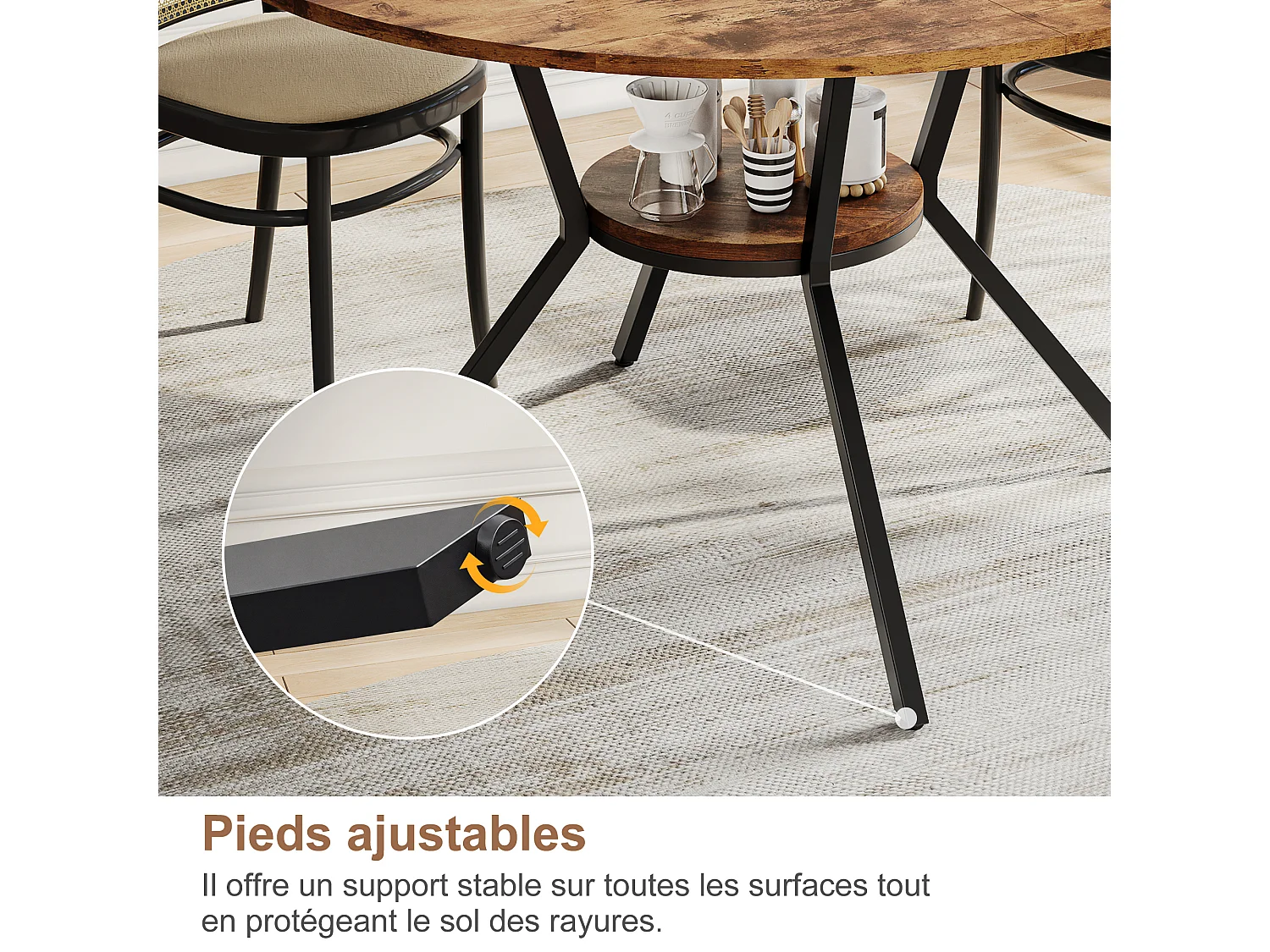 Table à Manger Ronde 120x79cm pour 4-6 Personnes - Table de cuisine Bois et Métal - Étagère de Rangement - Pieds Réglables