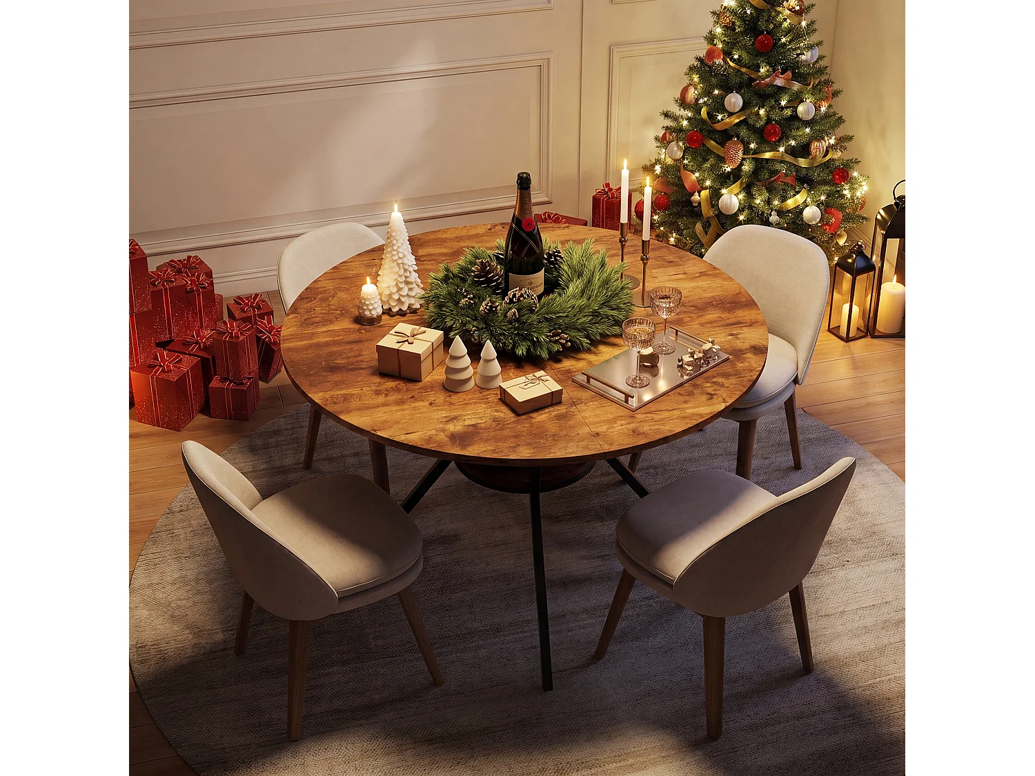 Table à Manger Ronde 120x79cm pour 4-6 Personnes - Table de cuisine Bois et Métal - Étagère de Rangement - Pieds Réglables