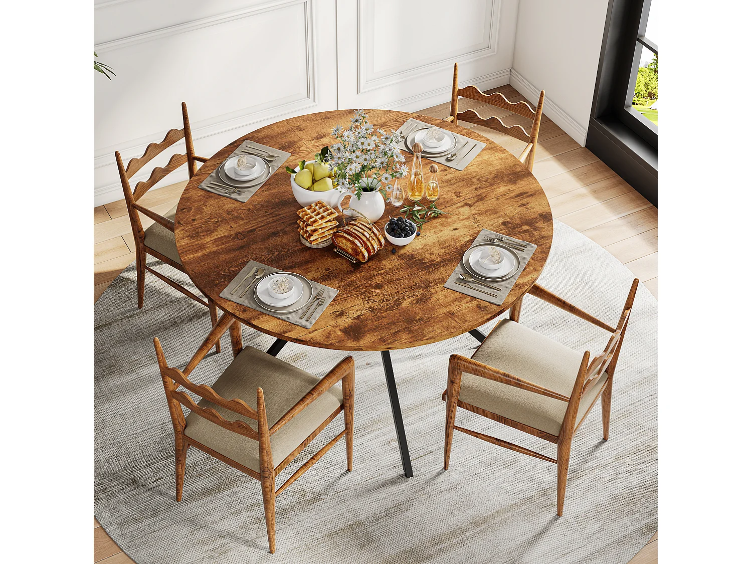 Table à Manger Ronde 120x79cm pour 4-6 Personnes - Table de cuisine Bois et Métal - Étagère de Rangement - Pieds Réglables
