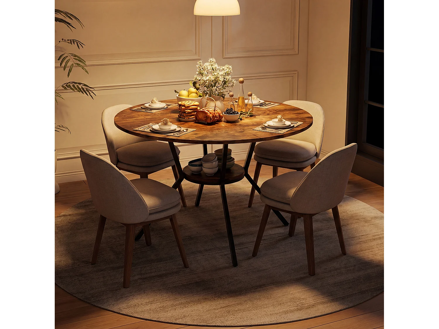 Table à Manger Ronde 120x79cm pour 4-6 Personnes - Table de cuisine Bois et Métal - Étagère de Rangement - Pieds Réglables