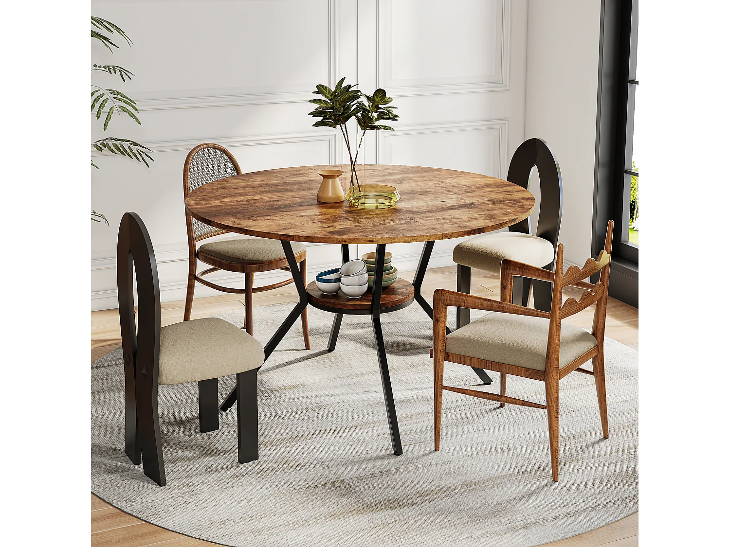 Table à Manger Ronde 120x79cm pour 4-6 Personnes - Table de cuisine Bois et Métal - Étagère de Rangement - Pieds Réglables
