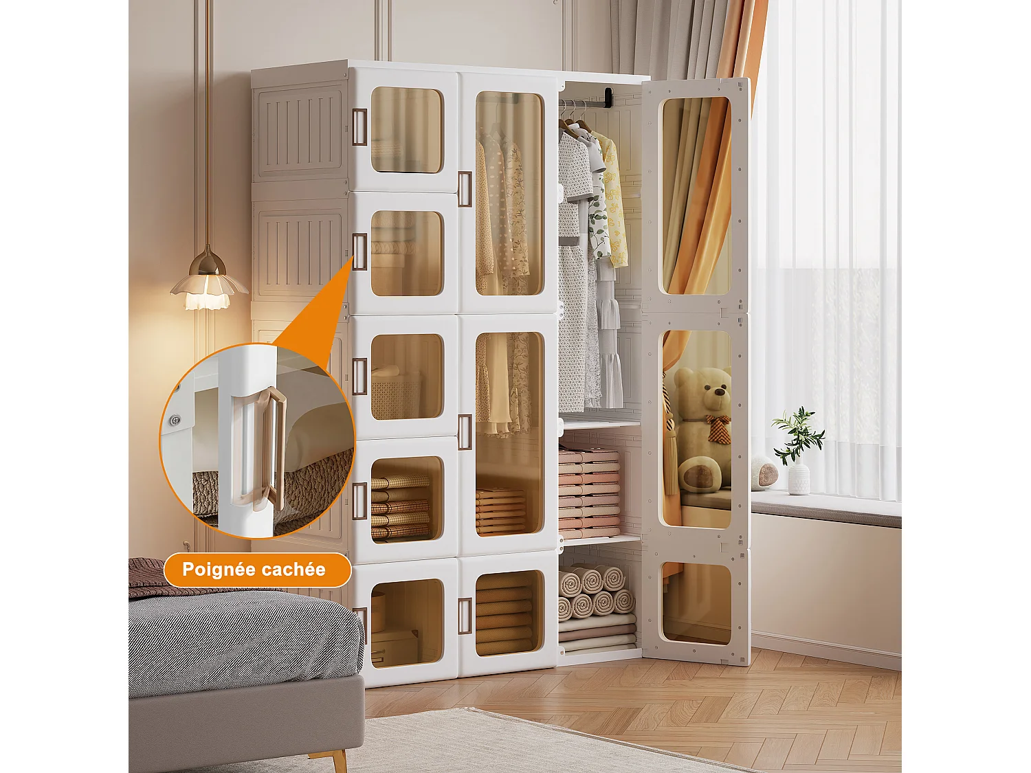 Armadio con ante trasparenti magnetiche - Materiale plastico PP - Armadio pieghevole per camera da letto per adulti 170x104x50cm Bianco