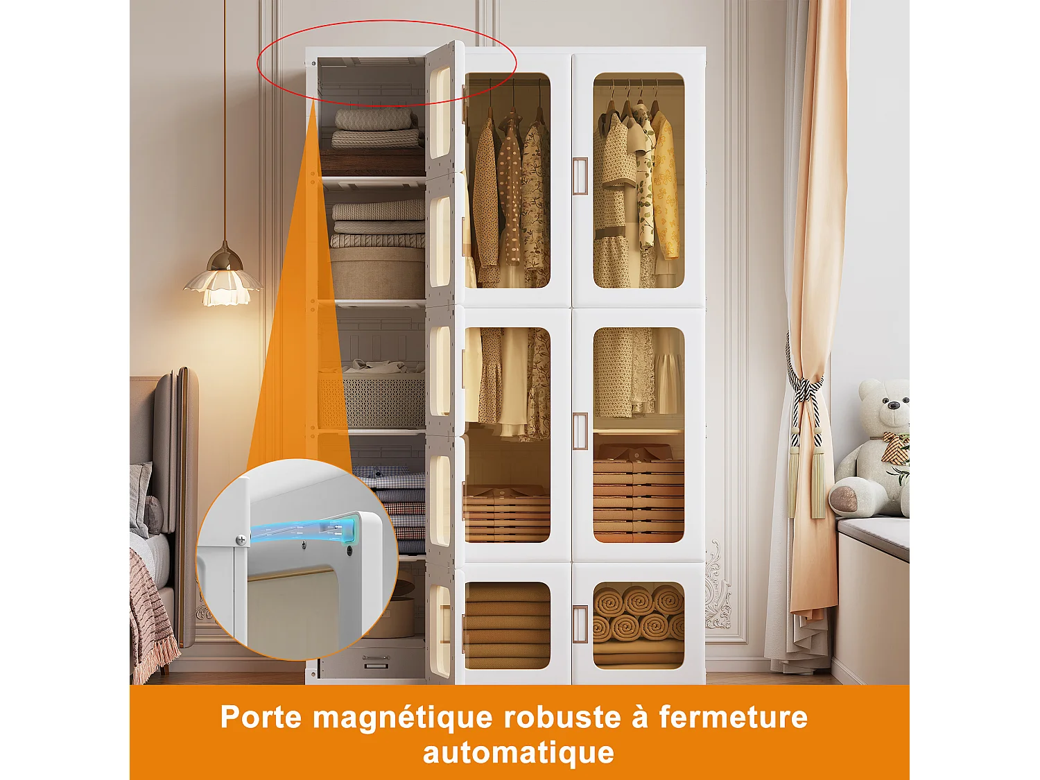 Armadio con ante trasparenti magnetiche - Materiale plastico PP - Armadio pieghevole per camera da letto per adulti 170x104x50cm Bianco