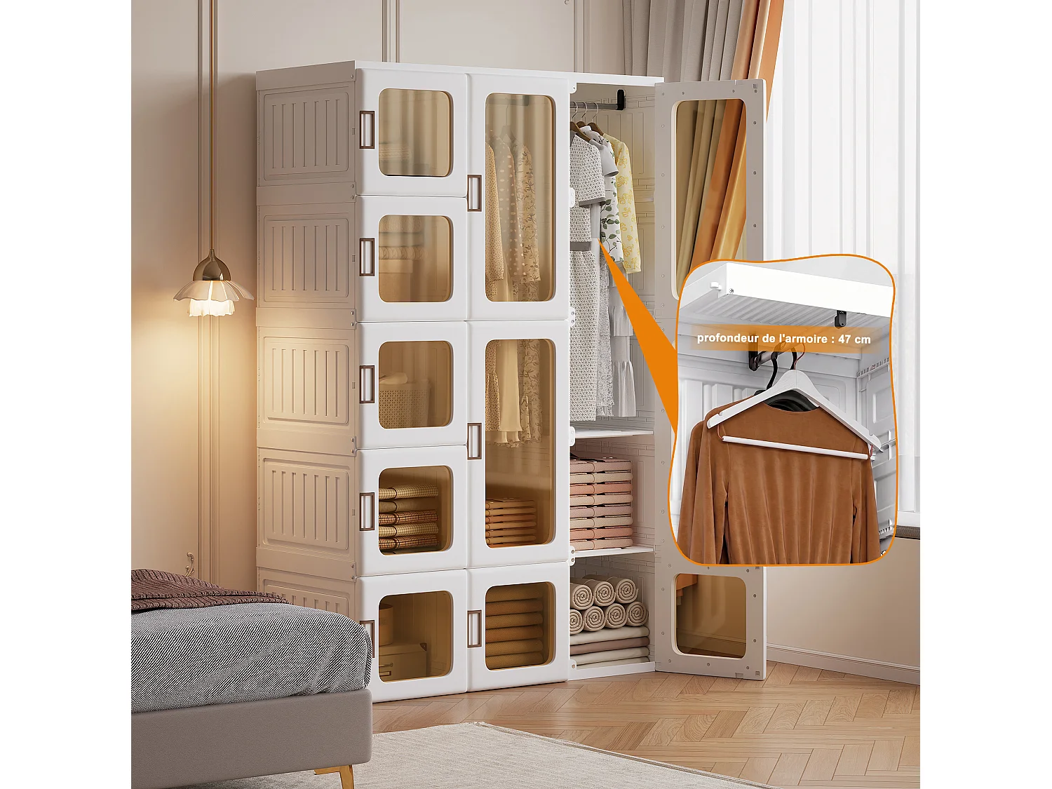 Armadio con ante trasparenti magnetiche - Materiale plastico PP - Armadio pieghevole per camera da letto per adulti 170x104x50cm Bianco