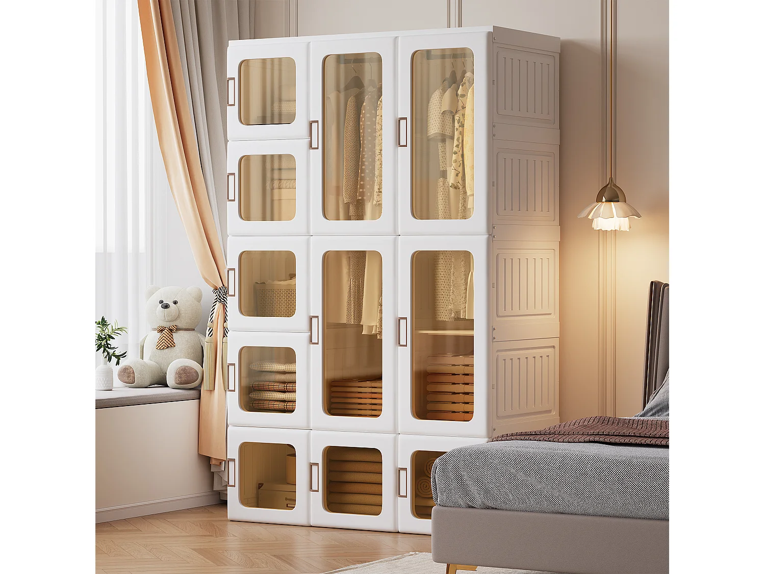 Armadio con ante trasparenti magnetiche - Materiale plastico PP - Armadio pieghevole per camera da letto per adulti 170x104x50cm Bianco