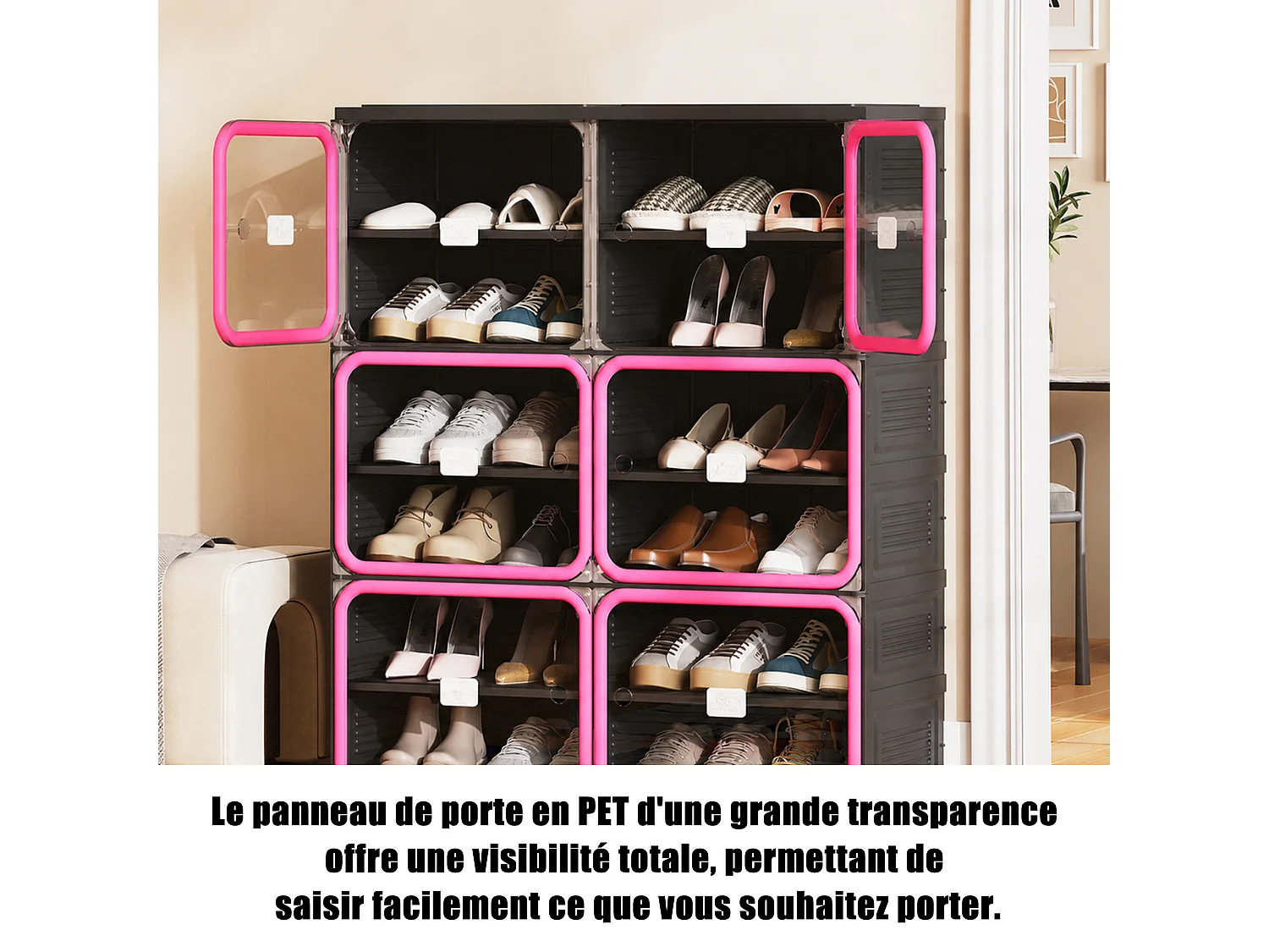 Meuble à Chaussures Pliable - Deux bâtiments de Six étages - Portes Transparentes Aimantées - Rangement 85x34x104cm - Noir