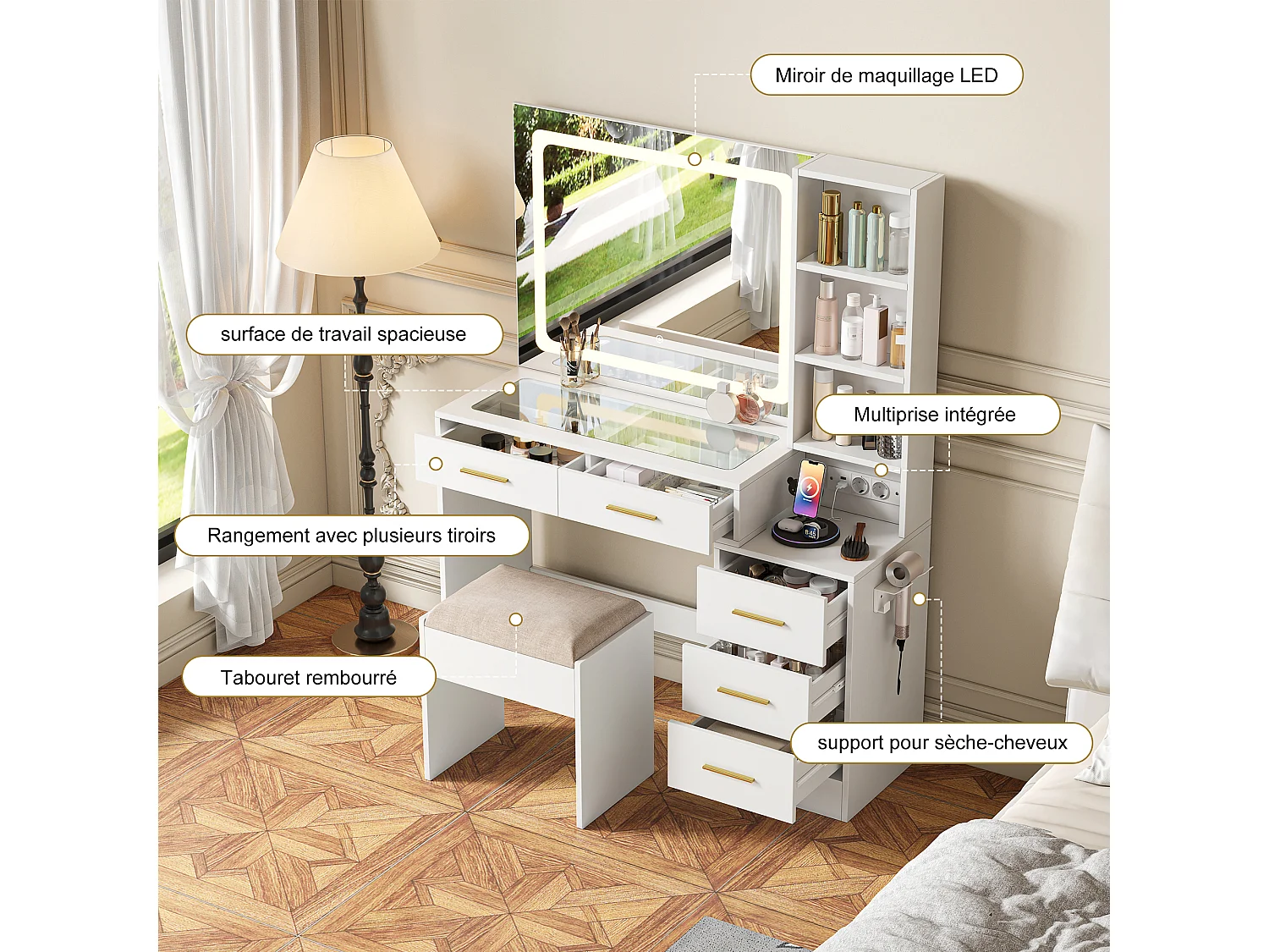Tavolo da trucco bianco con specchio a LED e sgabello - Prese elettriche e porte USB integrate - Vano portaoggetti, supporto per asciugacapelli - 110x36x140 cm