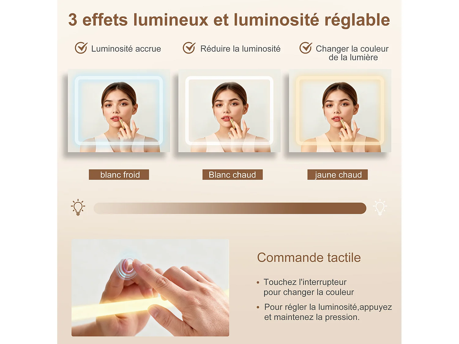 Tavolo da trucco bianco con specchio a LED e sgabello - Prese elettriche e porte USB integrate - Vano portaoggetti, supporto per asciugacapelli - 110x36x140 cm