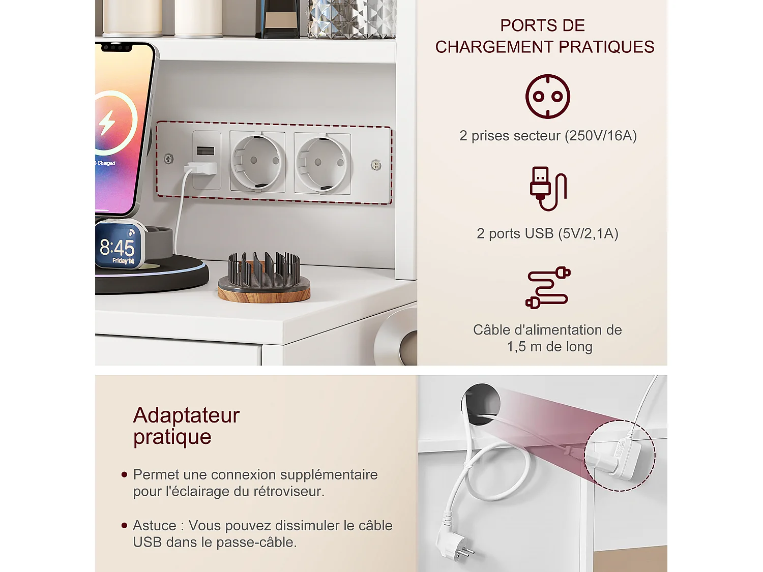 Tavolo da trucco bianco con specchio a LED e sgabello - Prese elettriche e porte USB integrate - Vano portaoggetti, supporto per asciugacapelli - 110x36x140 cm