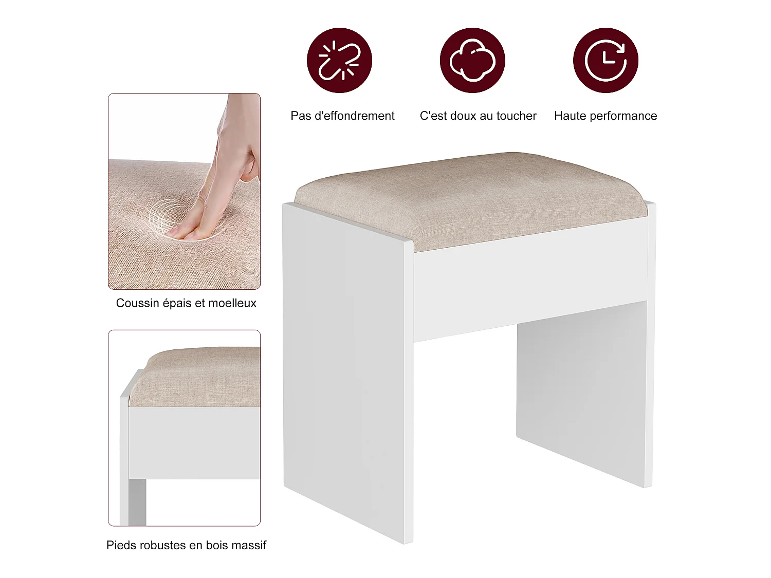 Tavolo da trucco bianco con specchio a LED e sgabello - Prese elettriche e porte USB integrate - Vano portaoggetti, supporto per asciugacapelli - 110x36x140 cm