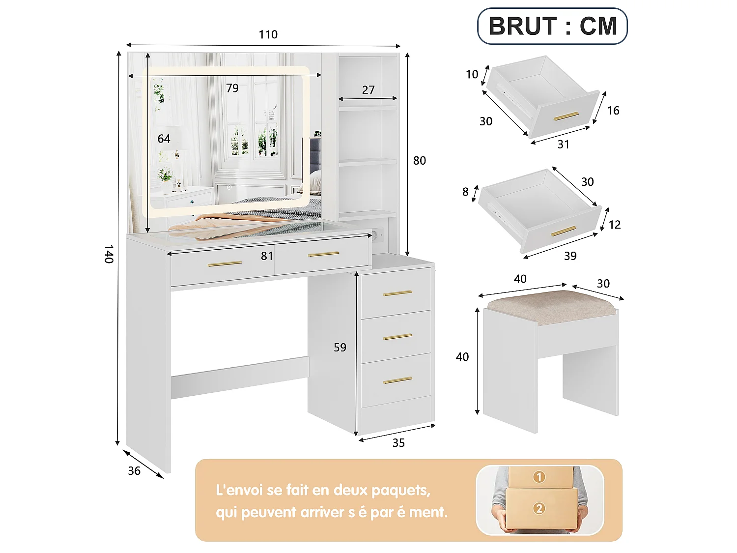 Tavolo da trucco bianco con specchio a LED e sgabello - Prese elettriche e porte USB integrate - Vano portaoggetti, supporto per asciugacapelli - 110x36x140 cm