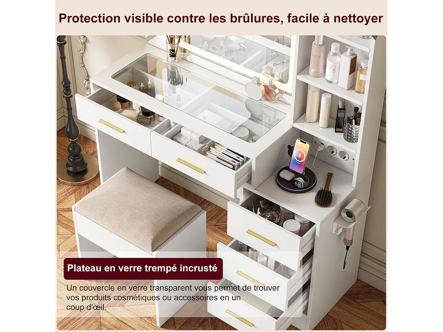 Tavolo da trucco bianco con specchio a LED e sgabello - Prese elettriche e porte USB integrate - Vano portaoggetti, supporto per asciugacapelli - 110x36x140 cm