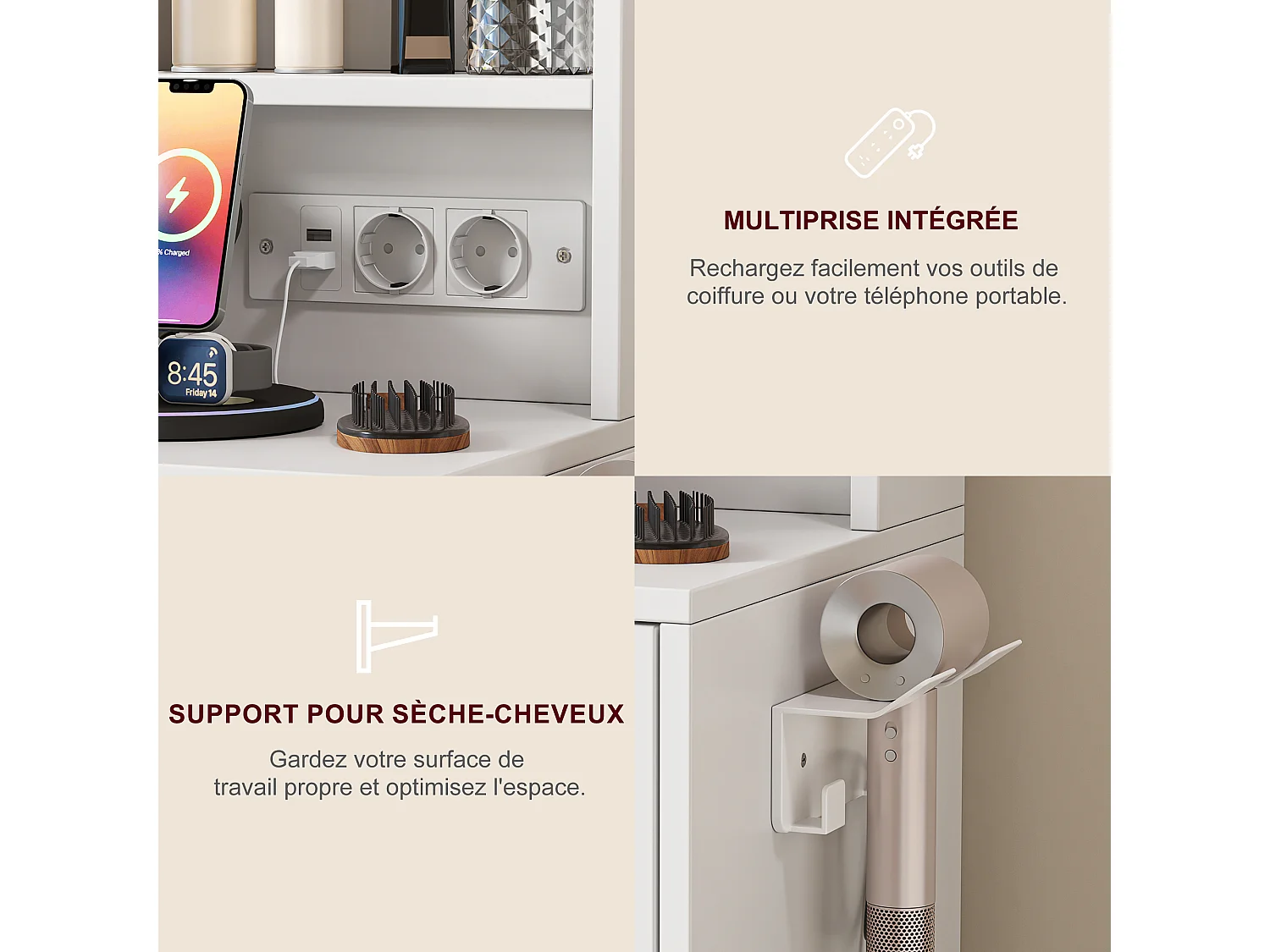 Tavolo da trucco bianco con specchio a LED e sgabello - Prese elettriche e porte USB integrate - Vano portaoggetti, supporto per asciugacapelli - 110x36x140 cm
