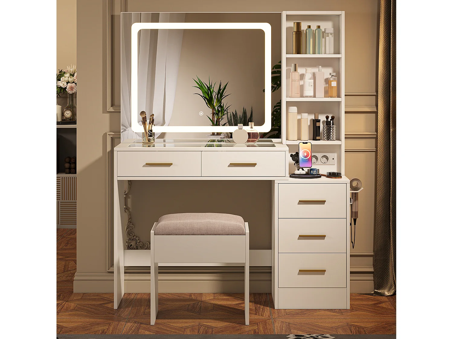Tavolo da trucco bianco con specchio a LED e sgabello - Prese elettriche e porte USB integrate - Vano portaoggetti, supporto per asciugacapelli - 110x36x140 cm
